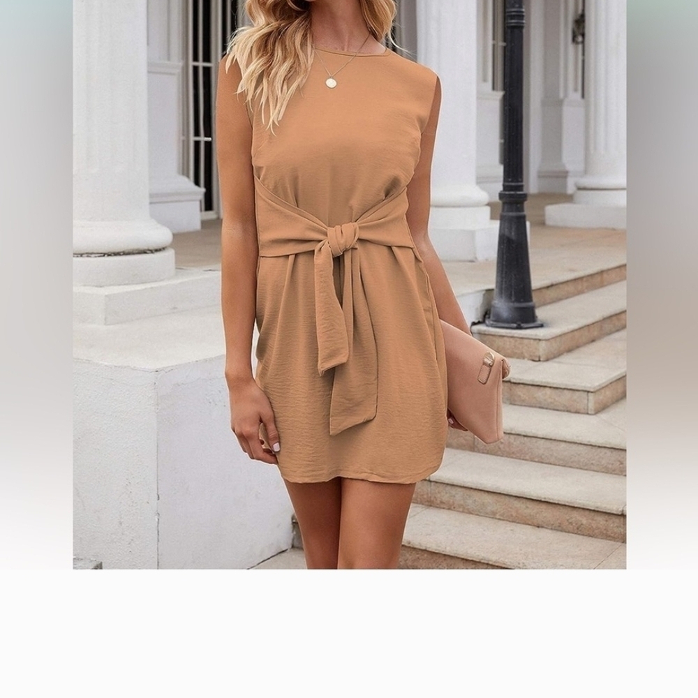 Elegant Tan Sleeveless Mini Dress